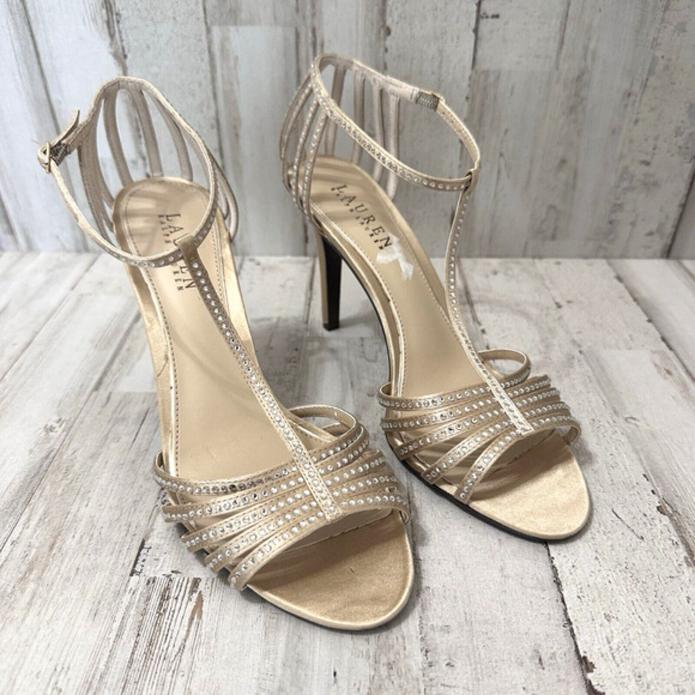 Lauren Ralph Lauren Adasia Heels 9B Satin Gold Rhinestones Strappy Wedding Party